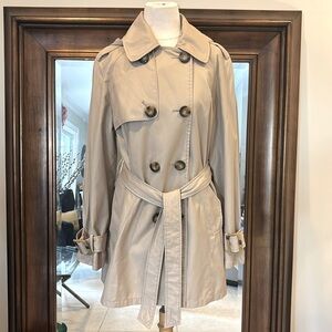 Jones New York Trench Coat Double Breasted Khaki Hood Belted Pockets Size Large